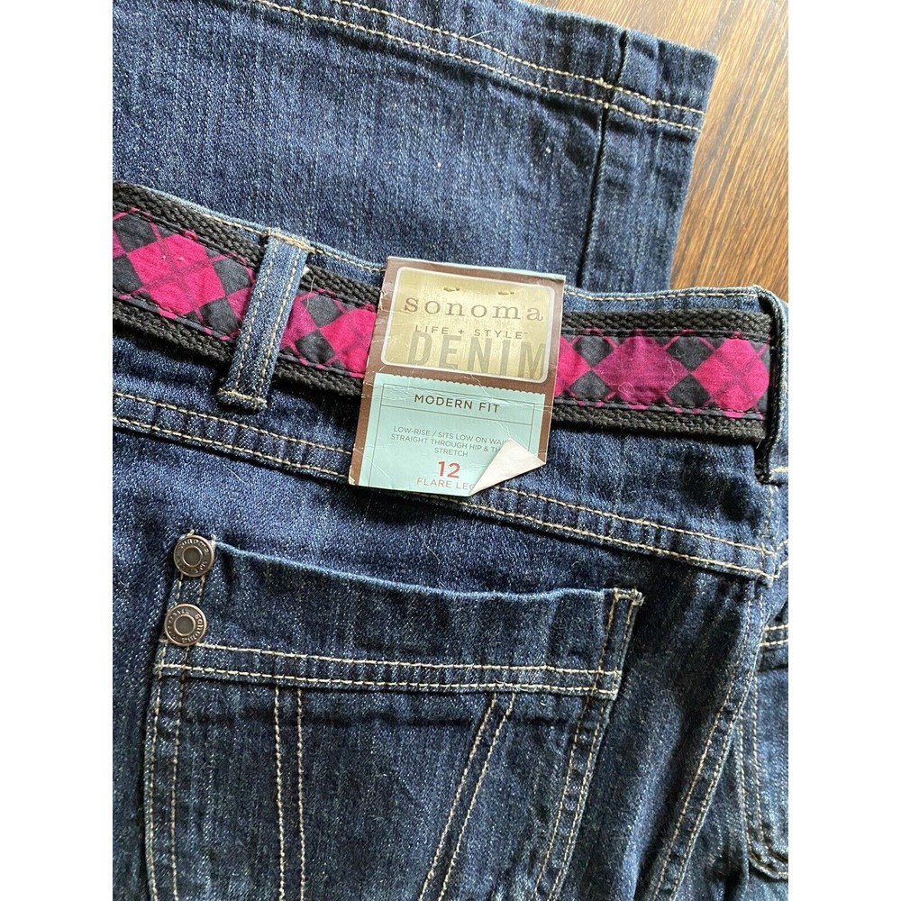 NWT Sonoma 12 jeans flare leg cargo pocket dark blue 12 stretch Belt Brand New - Picture 7 of 7